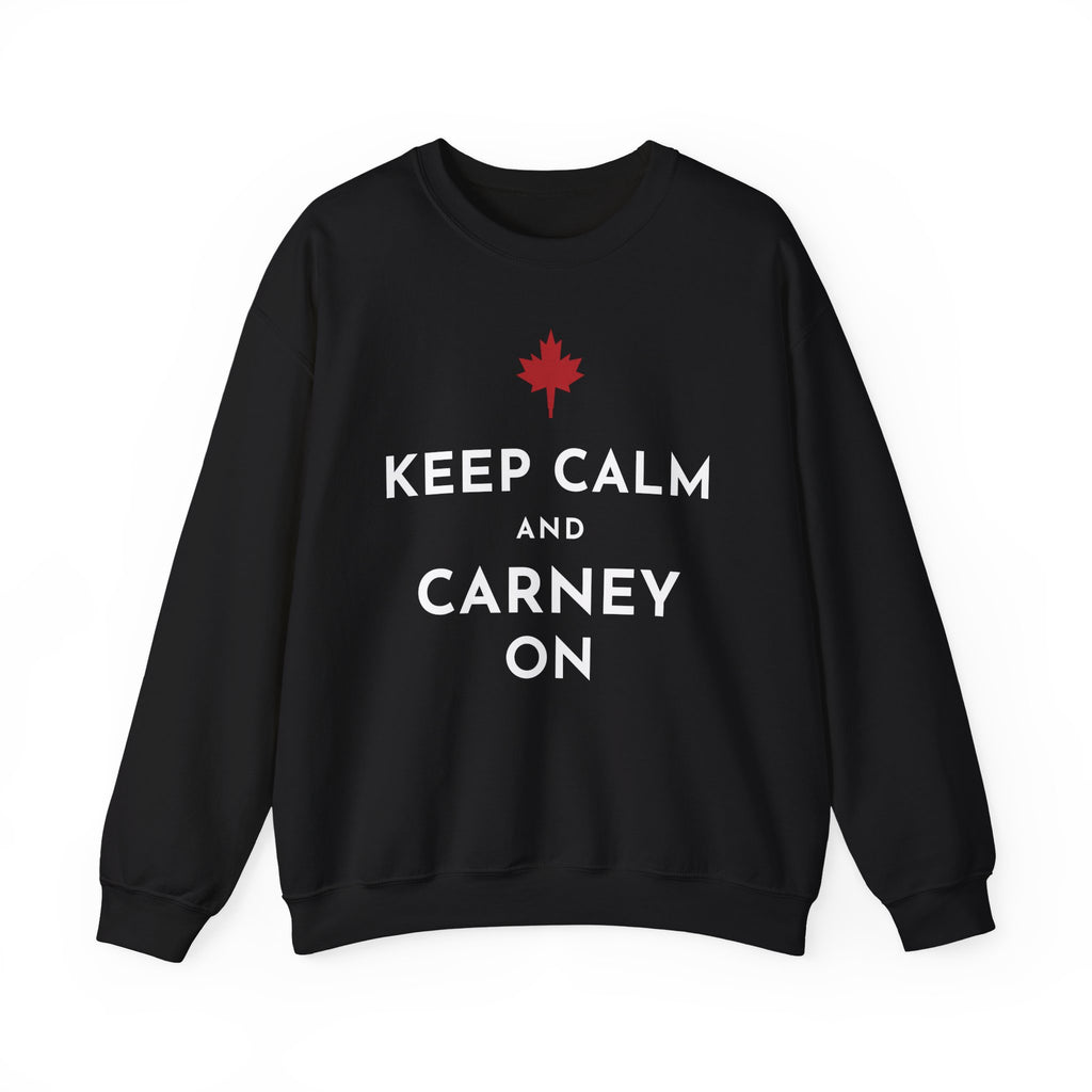 Black sweatshirt with red Canadian maple leaf and white text reading "Keep Calm and Carney On".
