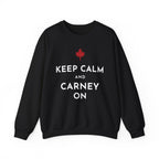 Black sweatshirt with red Canadian maple leaf and white text reading "Keep Calm and Carney On".
