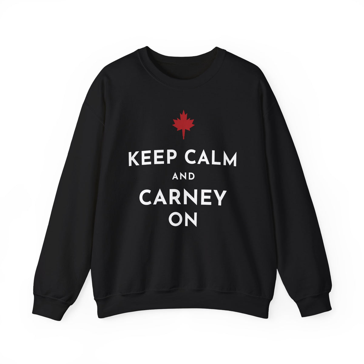 Black sweatshirt with red Canadian maple leaf and white text reading "Keep Calm and Carney On".