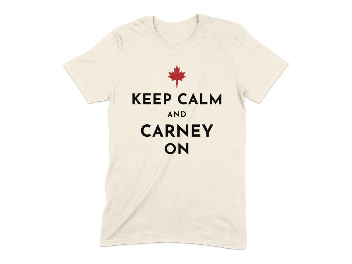 Cream t-shirt with red maple leaf and "Keep Calm and Carney On" text.