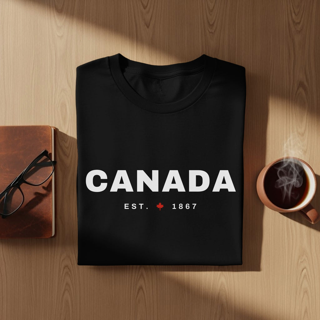 Black t-shirt with white "CANADA EST. 1867" text and maple leaf.
