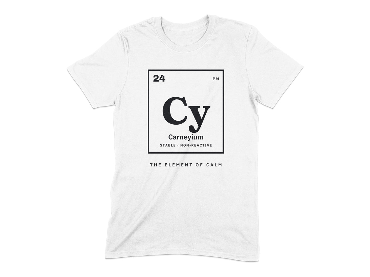 White t-shirt with a black box featuring "24 PM", "Cy", "Carneyium", and "The Element of Calm".