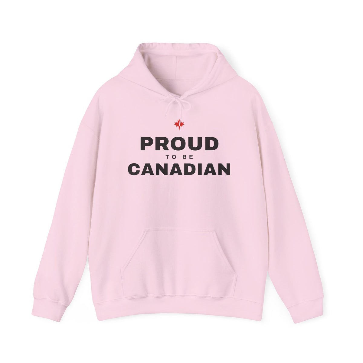 Pink hoodie with "PROUD TO BE CANADIAN" text and red maple leaf.