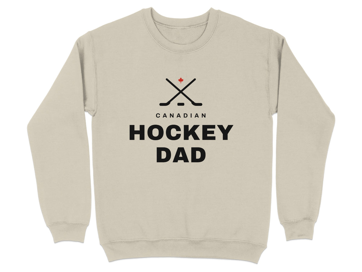 Crewneck sweatshirt with crossed hockey sticks, maple leaf, and "Canadian Hockey Dad" text.