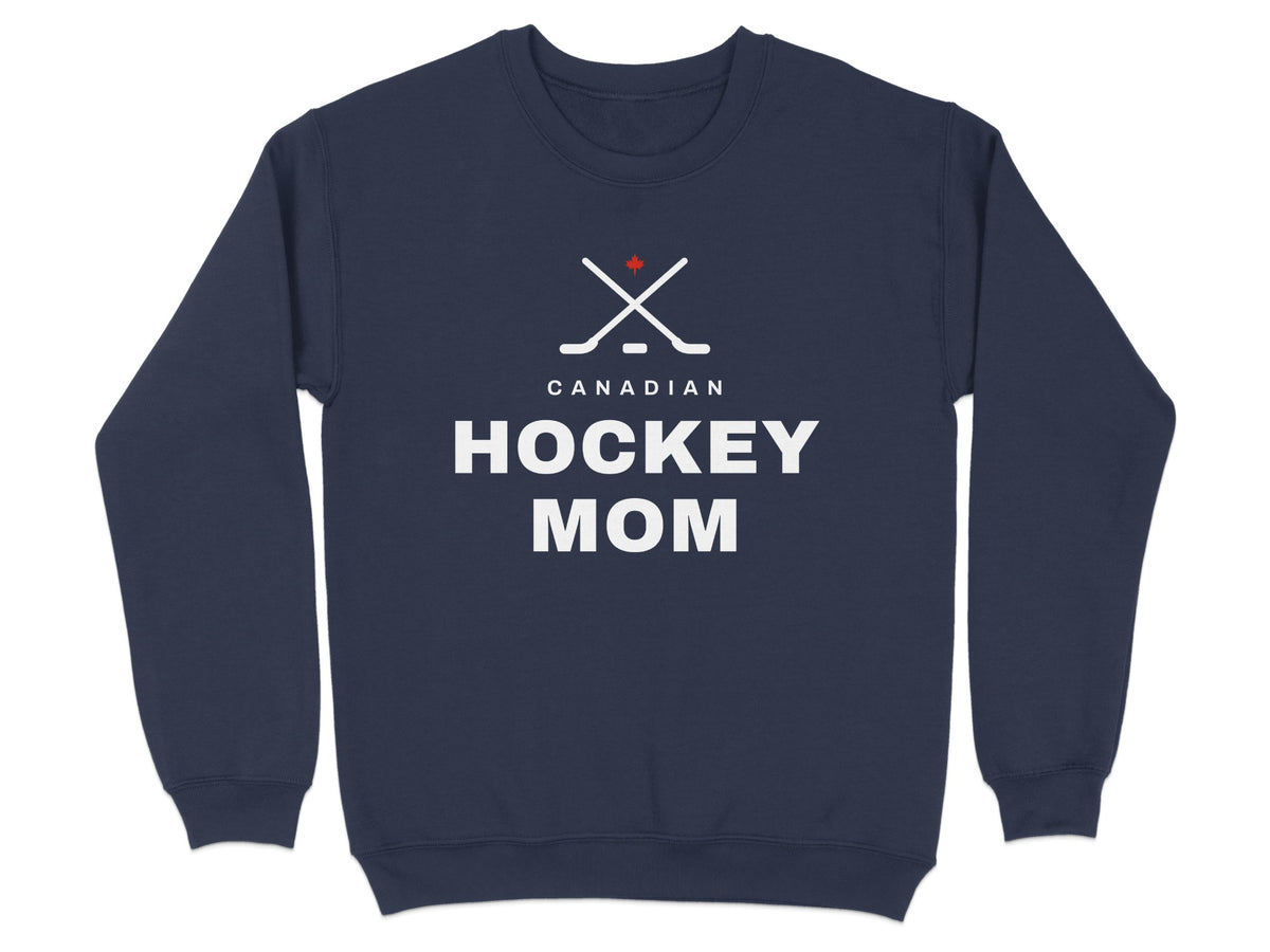 Navy sweatshirt with white text and hockey graphic reading "CANADIAN HOCKEY MOM".