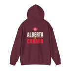 Maroon hoodie with "Alberta is Canada" text and Alberta rose graphic.