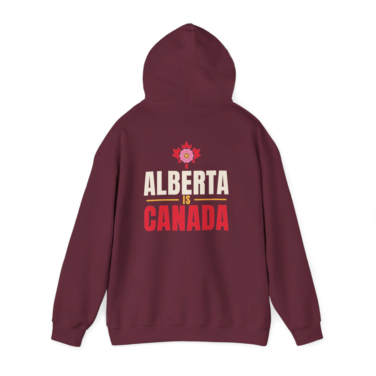 Maroon hoodie with "Alberta is Canada" text and Alberta rose graphic.