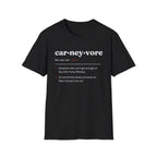 Black t-shirt with "car•ney•vore" definition in white text.