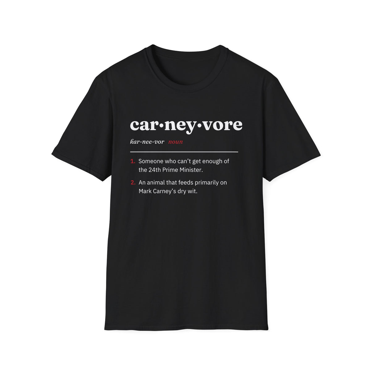 Black t-shirt with "car•ney•vore" definition in white text.