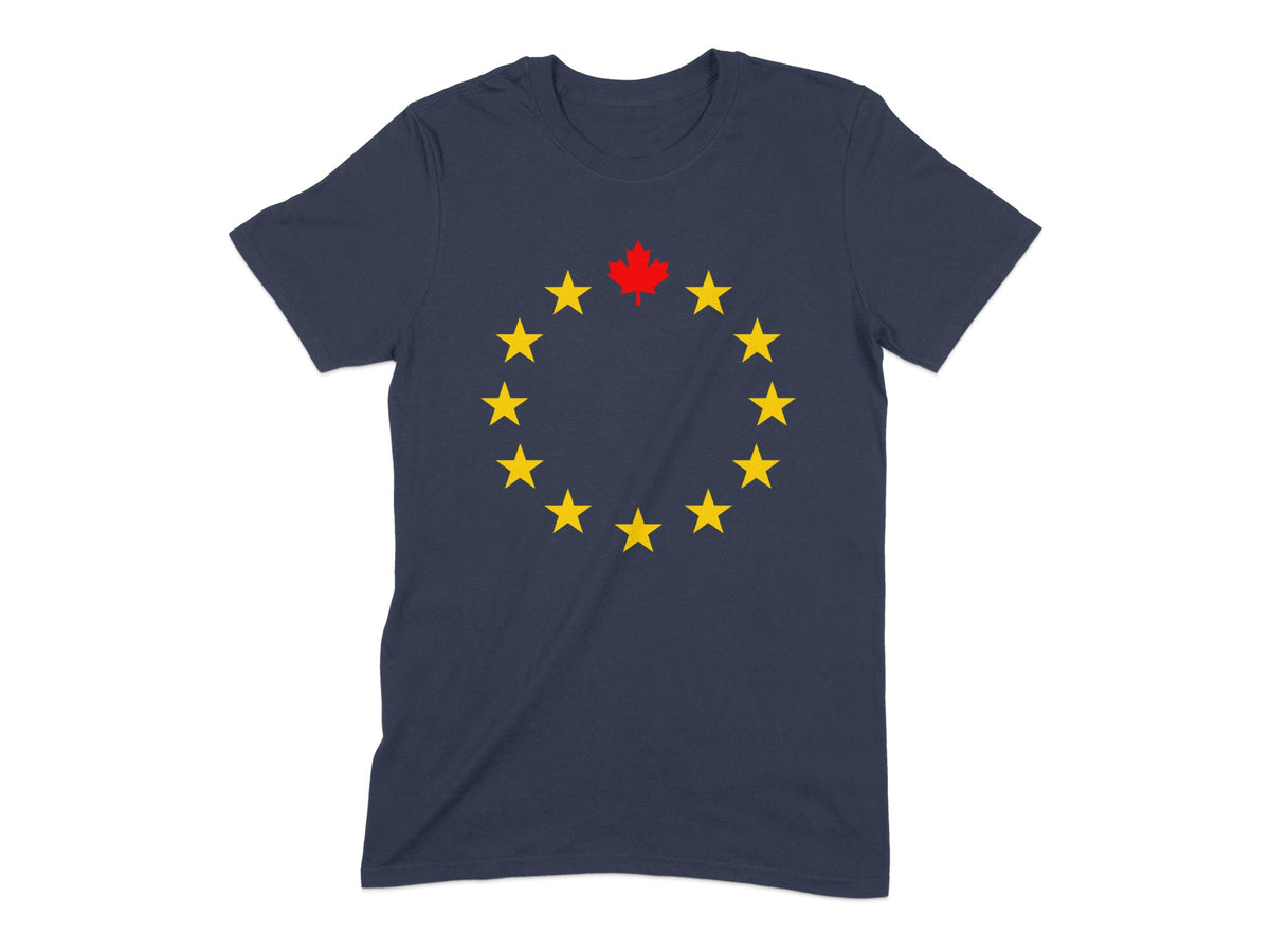 Navy t-shirt with a ring of yellow stars and a red maple leaf.