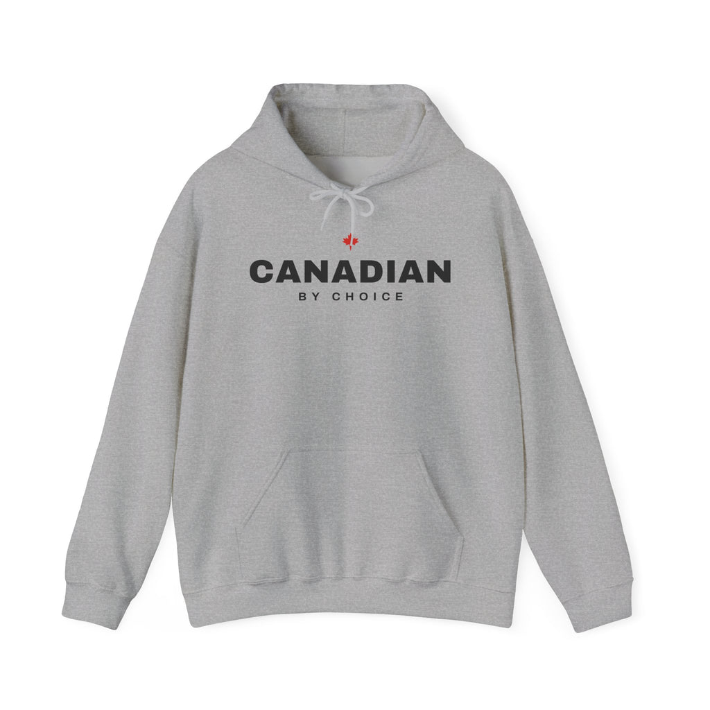 Grey hoodie with "CANADIAN BY CHOICE" and a maple leaf graphic.