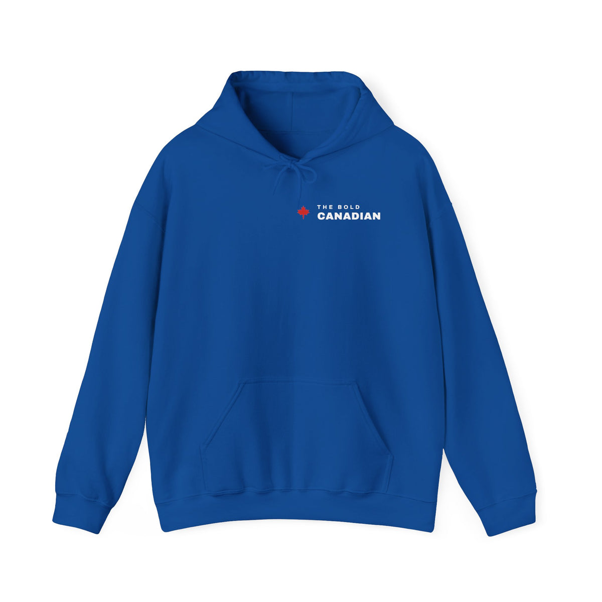 Blue hoodie with a red maple leaf and "The Bold Canadian" text.