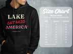 Black hoodie with "LAKE ONTARIO AMERICA CORRECTED" text and Gildan 18500 size chart.