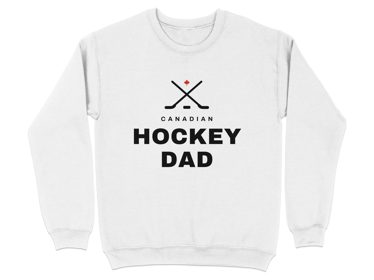White sweatshirt with "Canadian Hockey Dad" text and crossed hockey sticks.