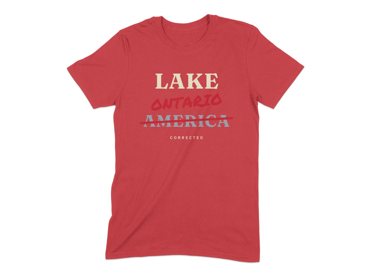 Red t-shirt with text "LAKE ONTARIO AMERICA CORRECTED"