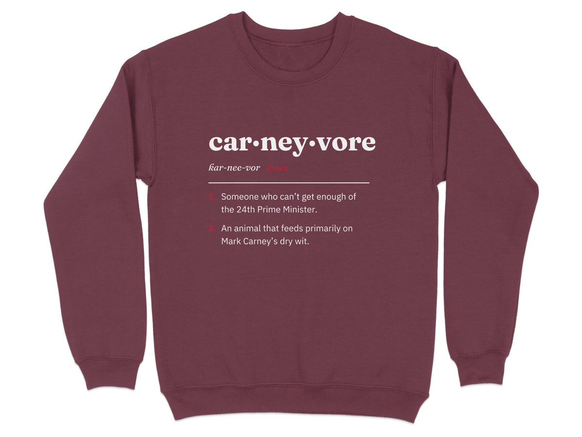 Burgundy sweatshirt with "car-ney-vore" definition printed in white text.