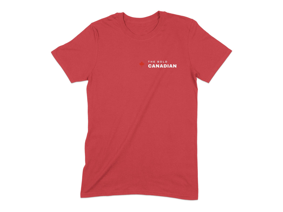 Red t-shirt with "The Bold Canadian" text and a small Canadian maple leaf logo.