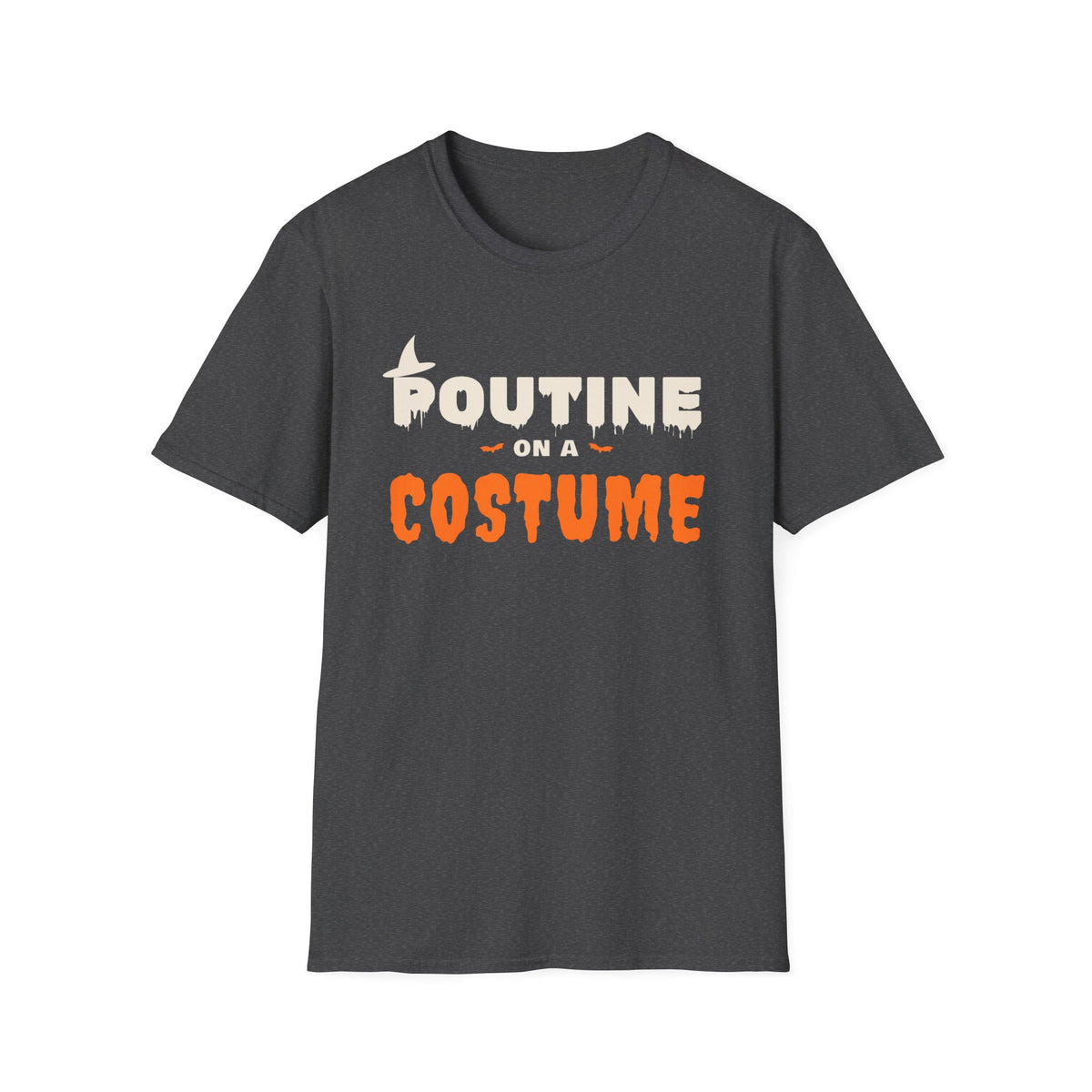 Dark grey t-shirt with "Poutine on a Costume" text and Halloween graphics.