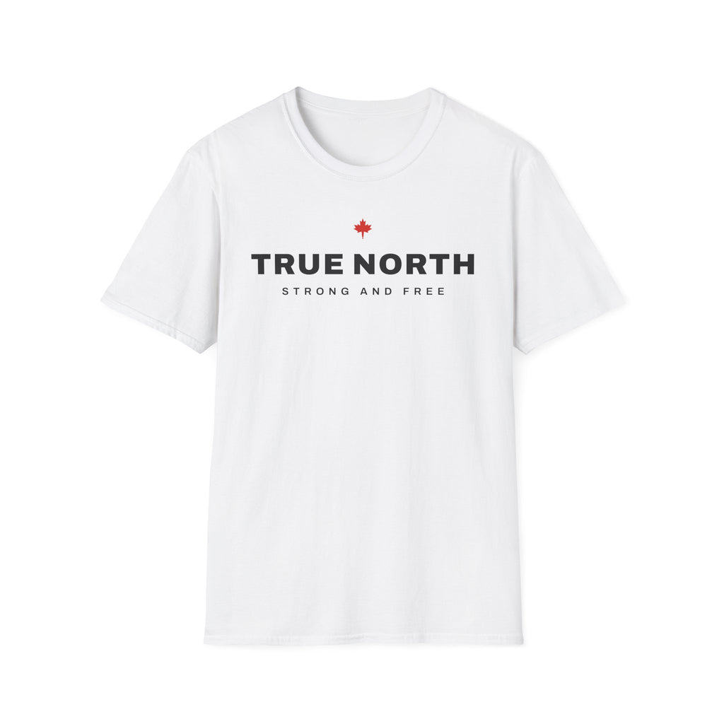 White t-shirt with "TRUE NORTH STRONG AND FREE" and a maple leaf.