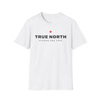 White t-shirt with "TRUE NORTH STRONG AND FREE" and a maple leaf.