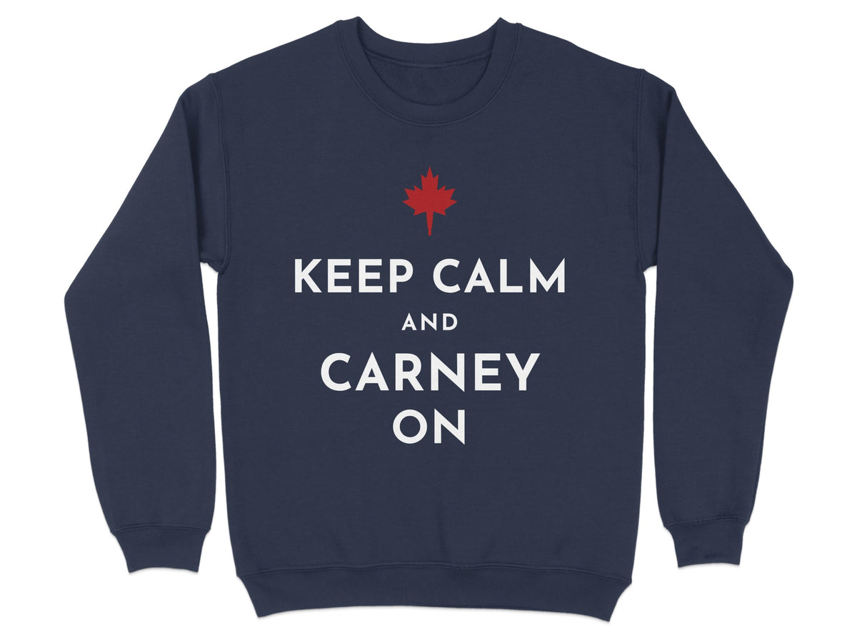 Navy sweatshirt with white text "Keep Calm And Carney On" and a red maple leaf.