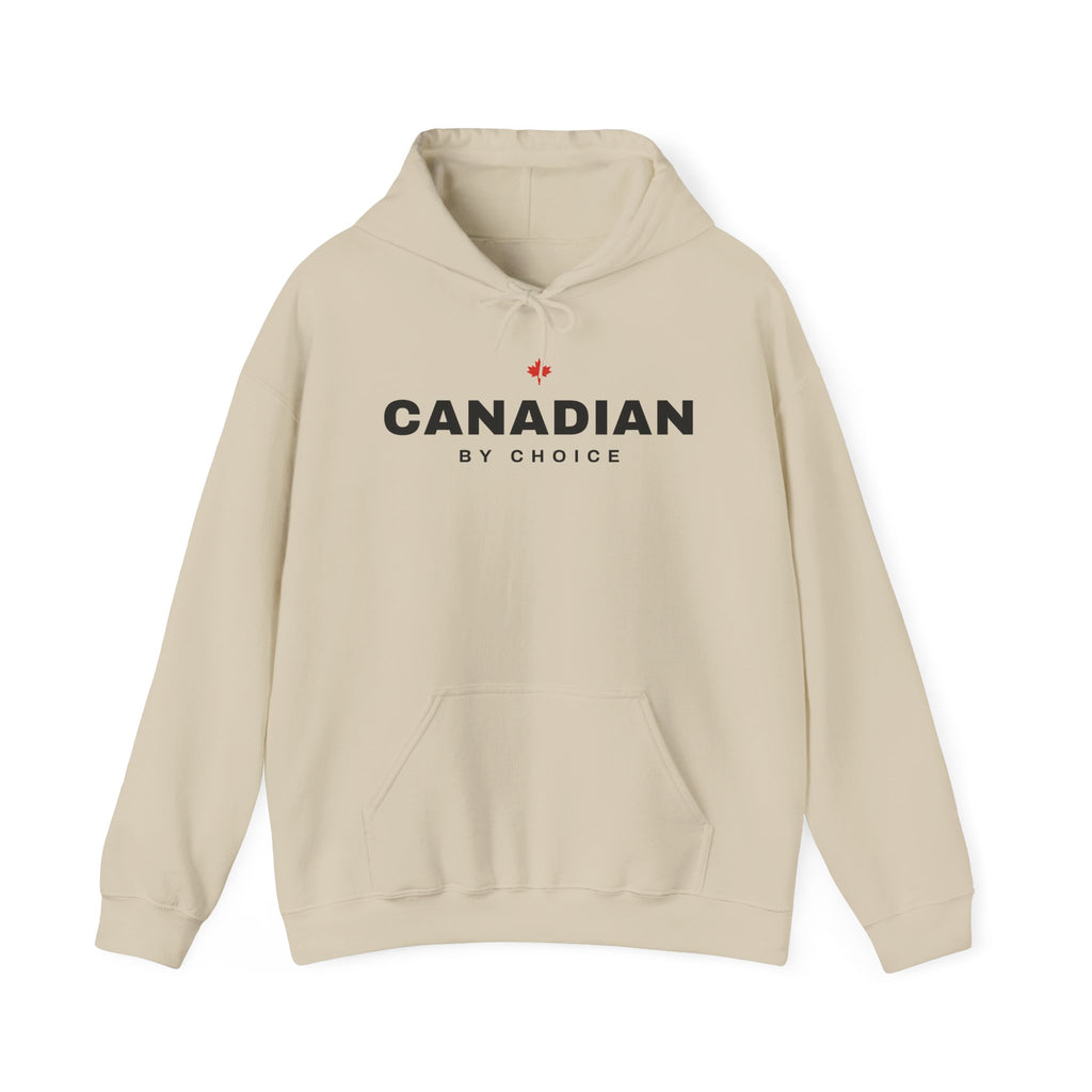 Beige hoodie with "CANADIAN BY CHOICE" and a maple leaf graphic.