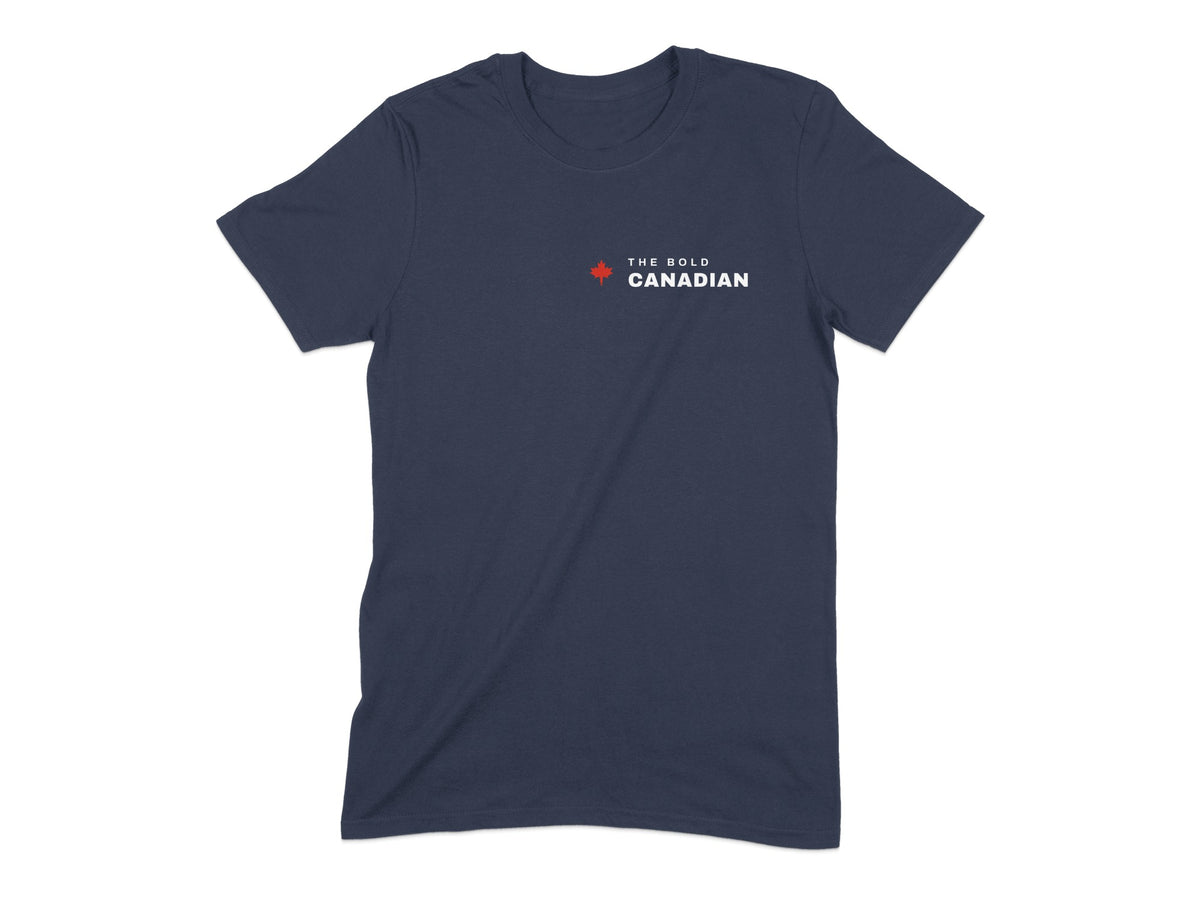 Navy t-shirt with white "THE BOLD CANADIAN" text and a red maple leaf.