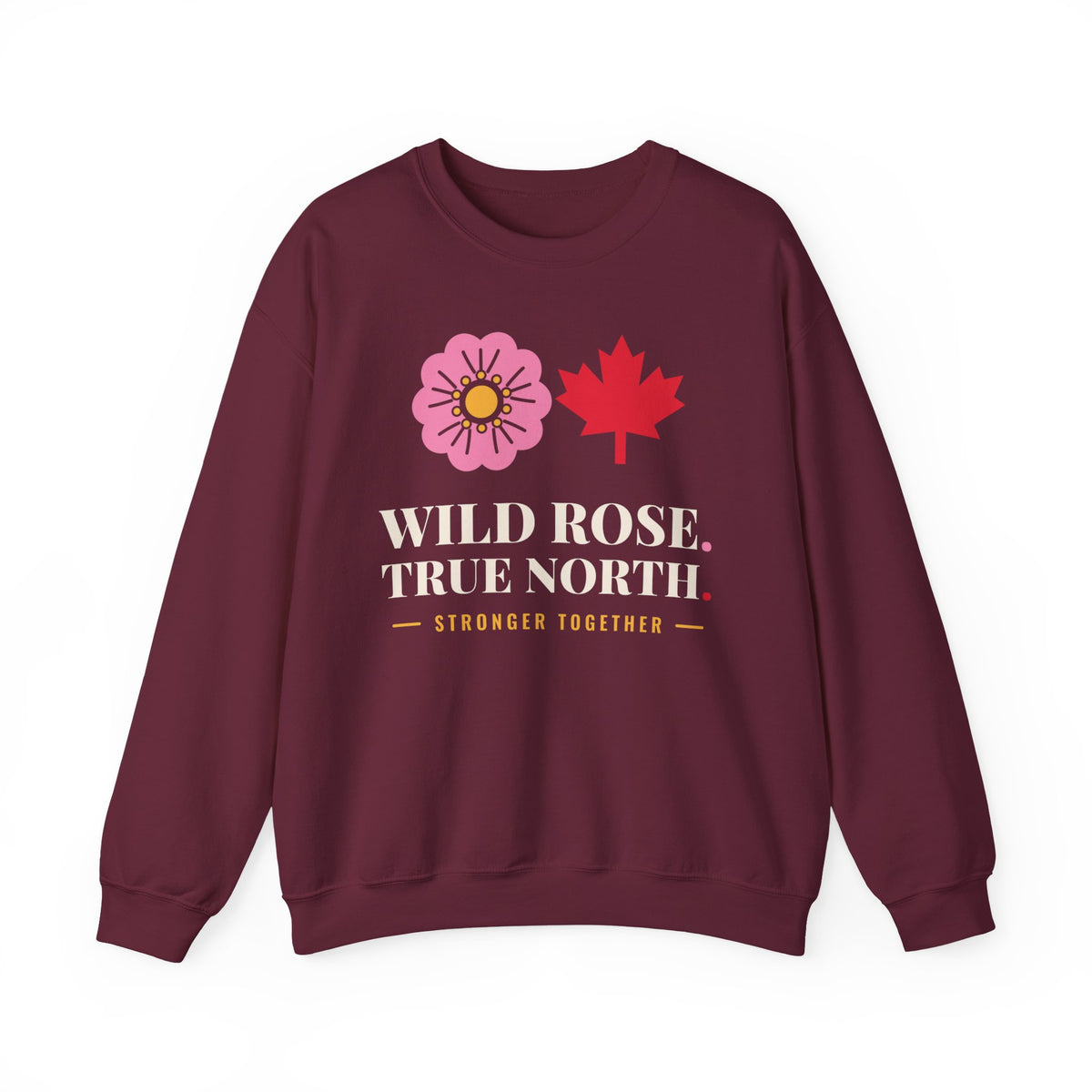 Maroon sweatshirt with pink flower, red maple leaf, and text.