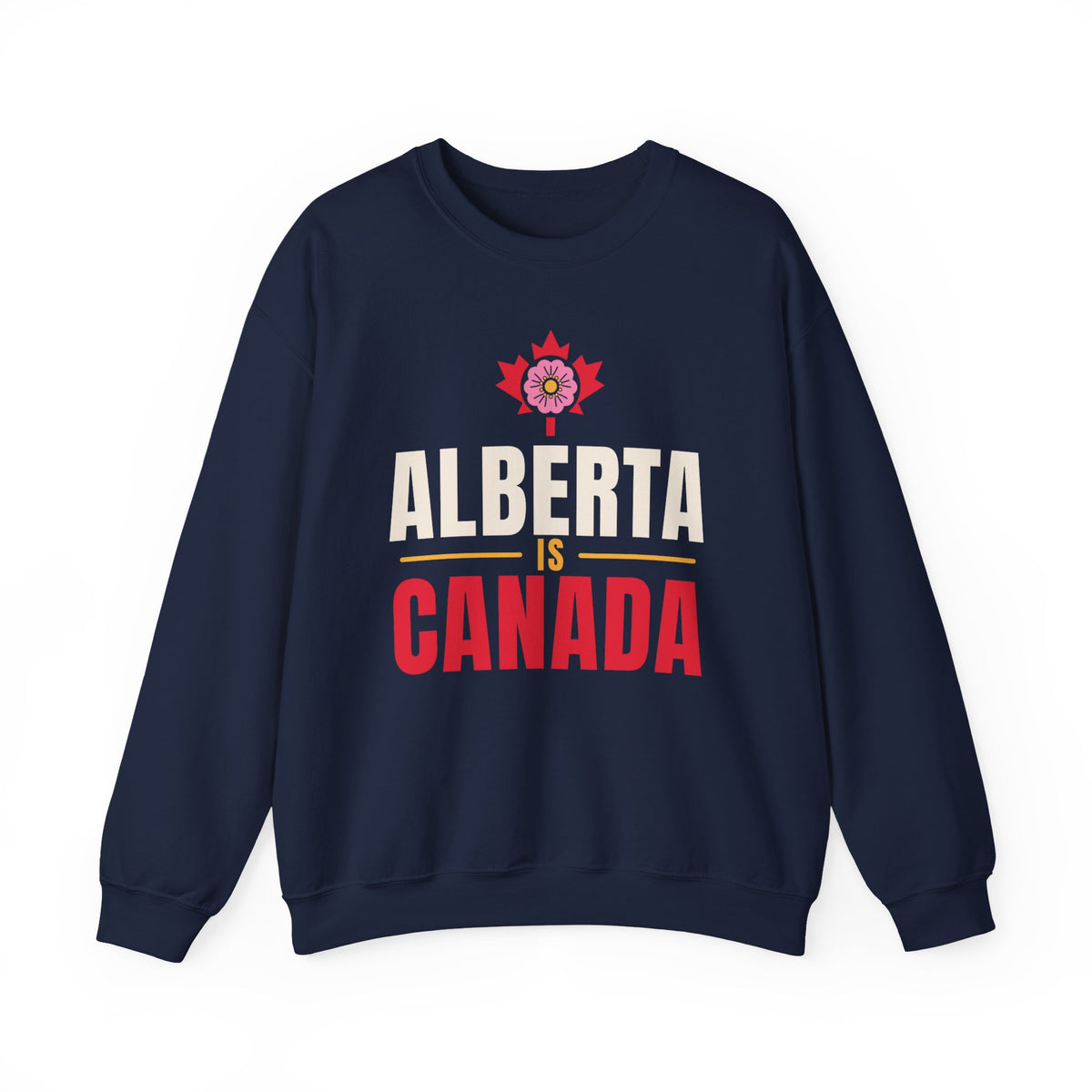 Navy sweatshirt with "Alberta Is Canada" text and floral Canadian maple symbol.