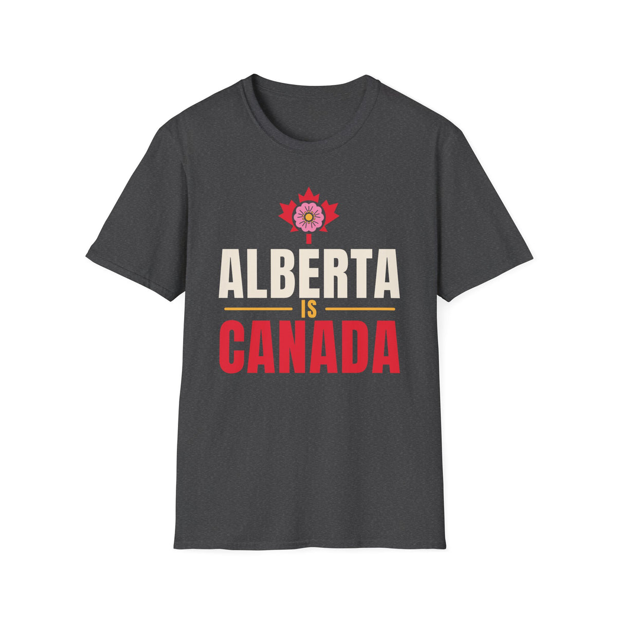 Dark gray t-shirt with "Alberta is Canada" text and a floral maple leaf logo.