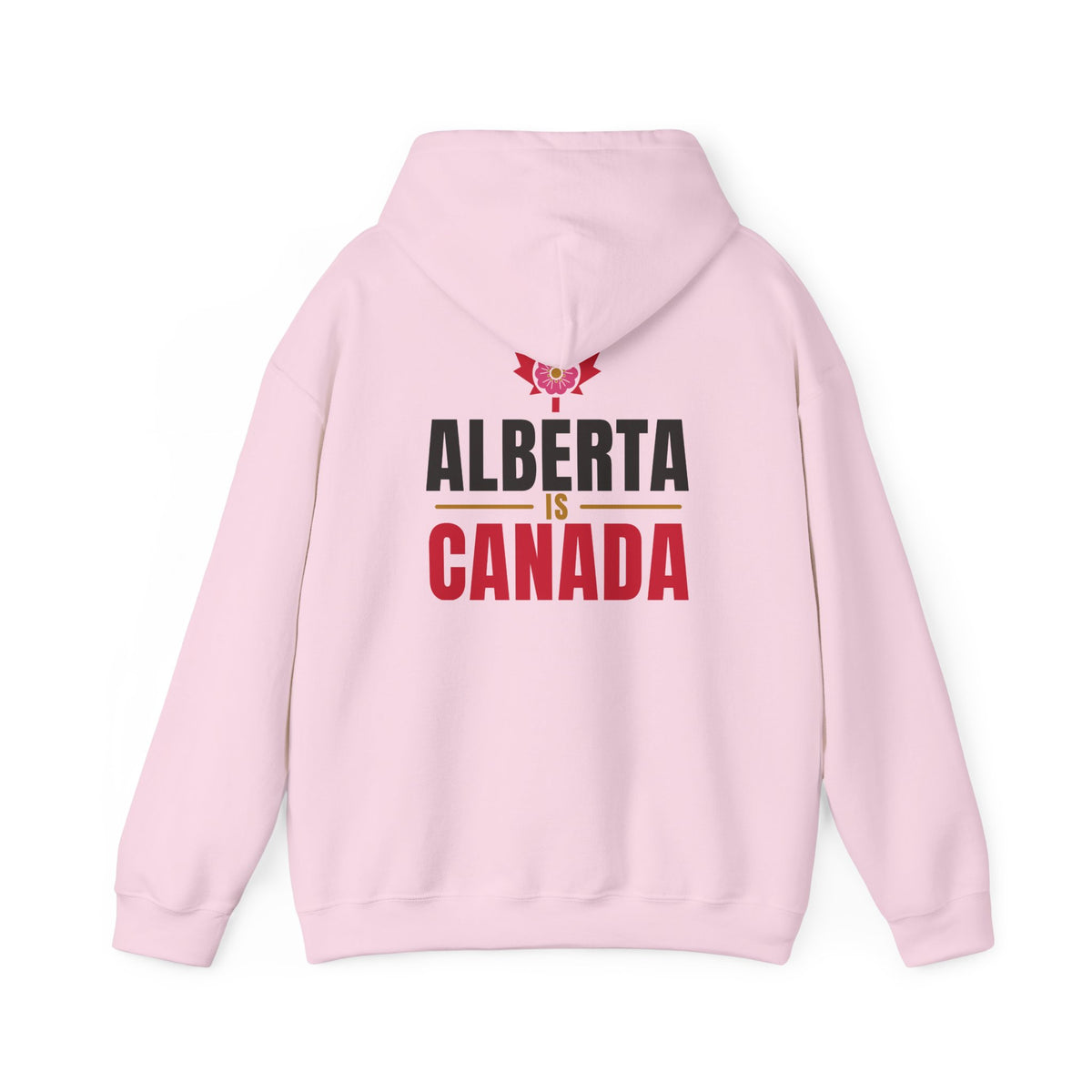 Light pink hoodie with "Alberta Is Canada" text and a flower emblem.
