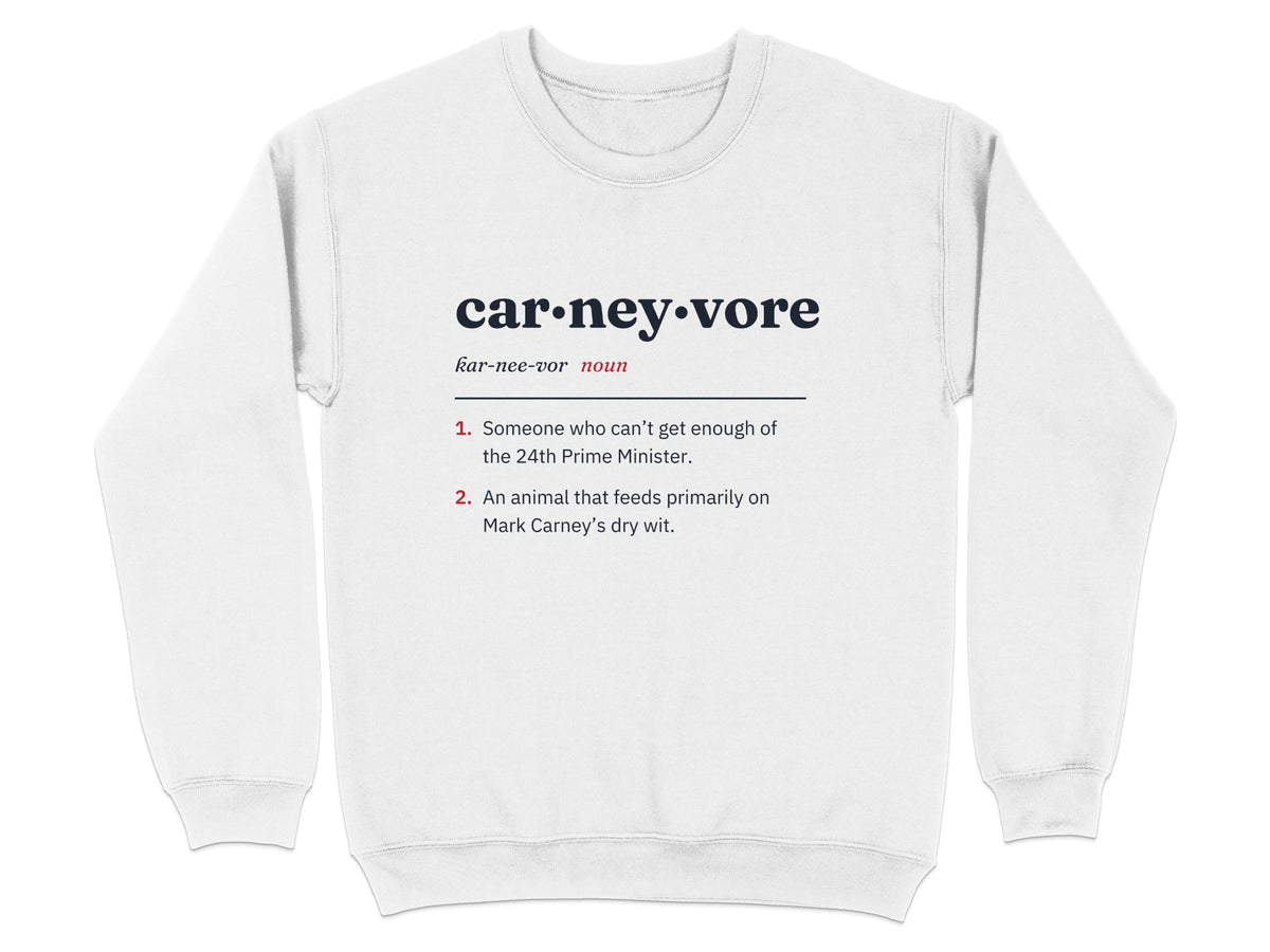 White sweatshirt with "carneyvore" definition in navy and red text.