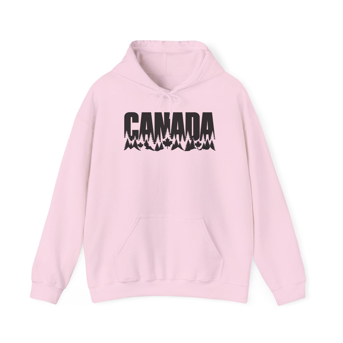 Light pink hoodie with black "CANADA" text featuring trees and maple leaves.
