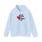 Light blue hoodie with red maple leaf and text: KEEP CALM AND CARNEY ON.