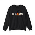Black sweatshirt with "EH-LLOWEEN SORRY FOR THE SCARE" text and bats.