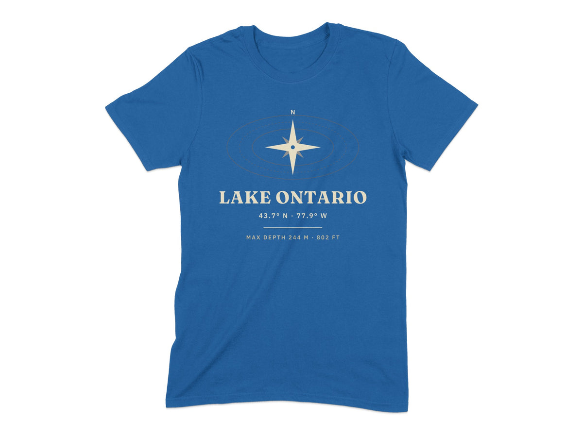 Blue t-shirt with Lake Ontario coordinates and max depth graphic.