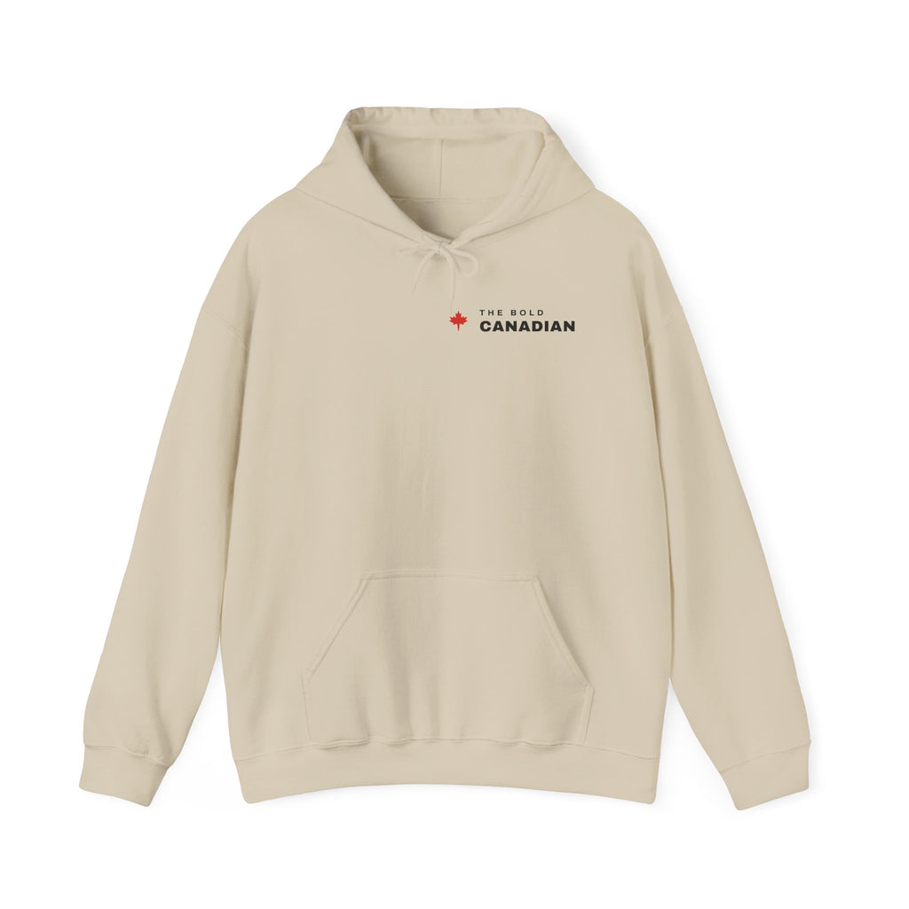 Beige hoodie with "THE BOLD CANADIAN" text and a red maple leaf logo.