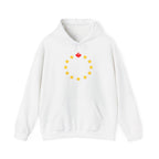 White hoodie with a circle of yellow stars and a red maple leaf at the top.