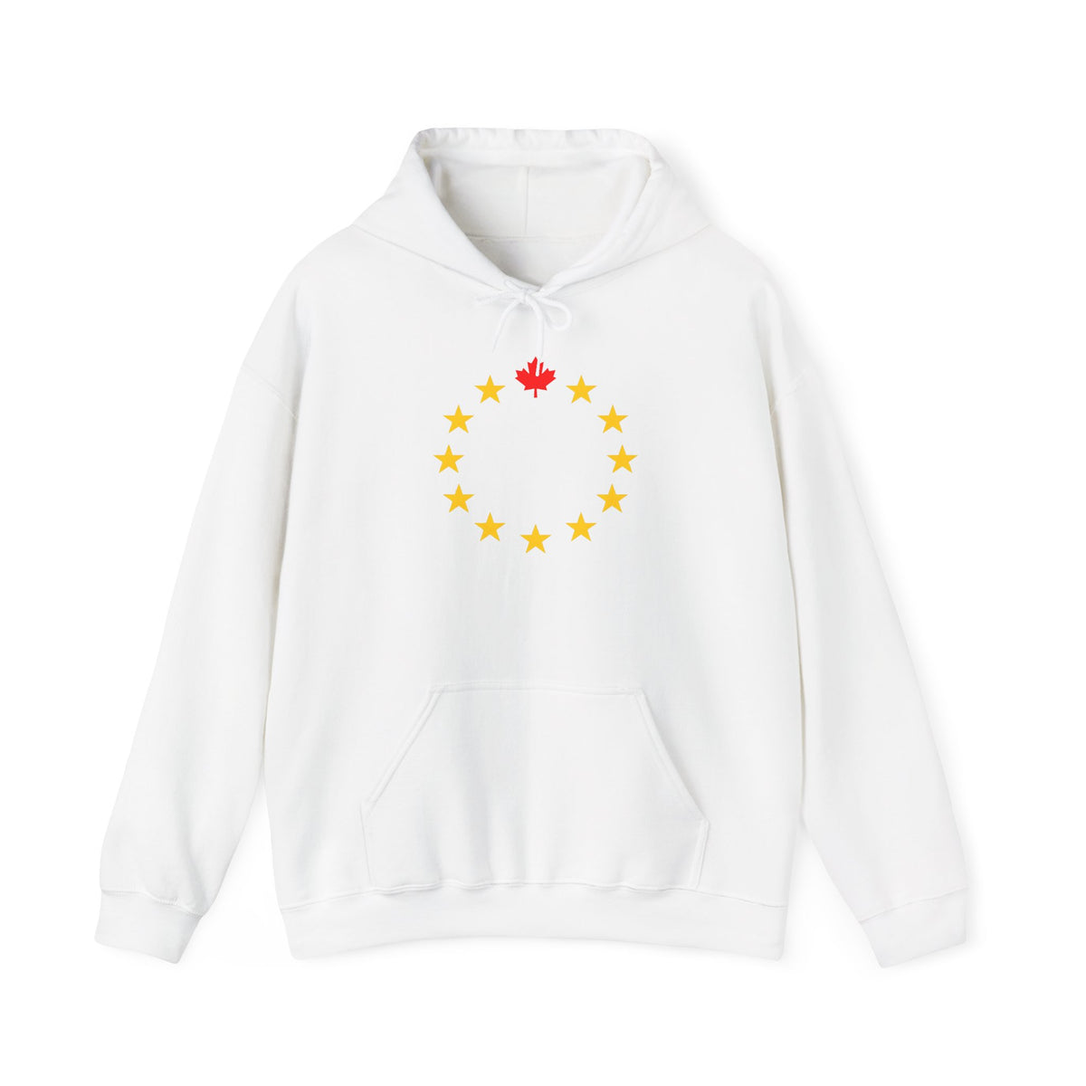 White hoodie with a circle of yellow stars and a red maple leaf at the top.