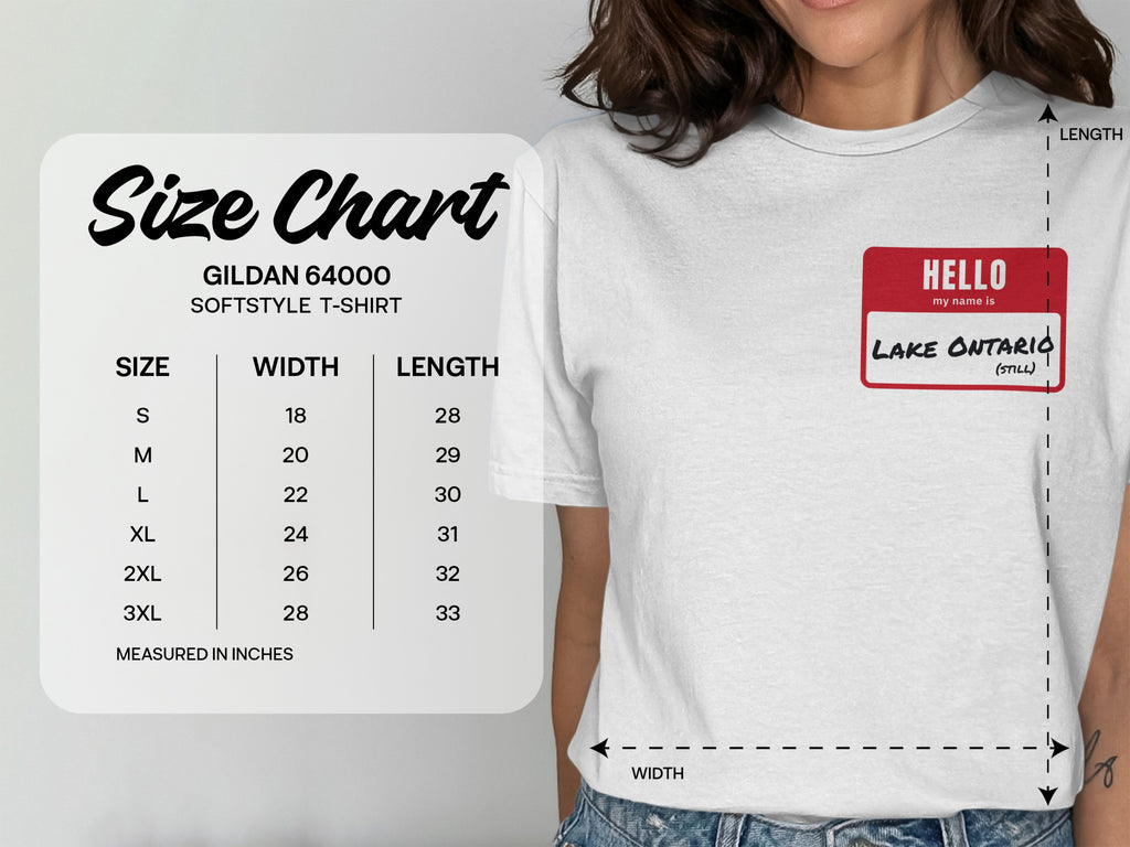 Gildan 64000 softstyle t-shirt size chart with width and length in inches.