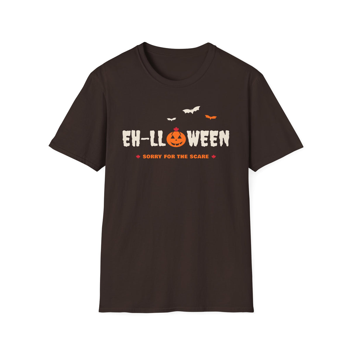 Brown t-shirt with "EH-LLOWEEN" and "SORRY FOR THE SCARE" text.