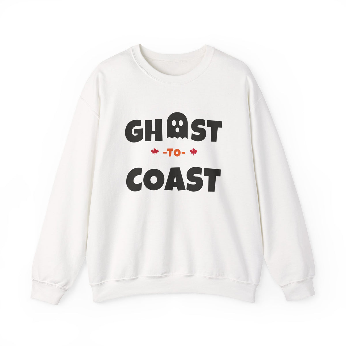 White sweatshirt with black text reading "GH•ST -TO- COAST" and small Canadian flags.