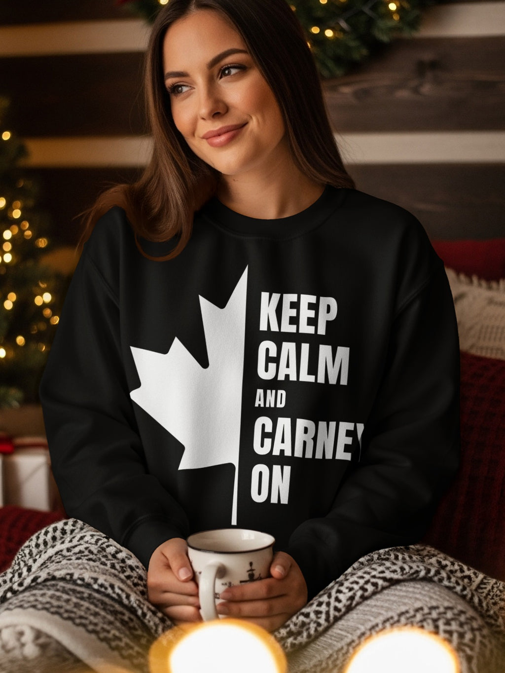 Black sweatshirt with Canadian flag and text "KEEP CALM AND CARNEY ON".