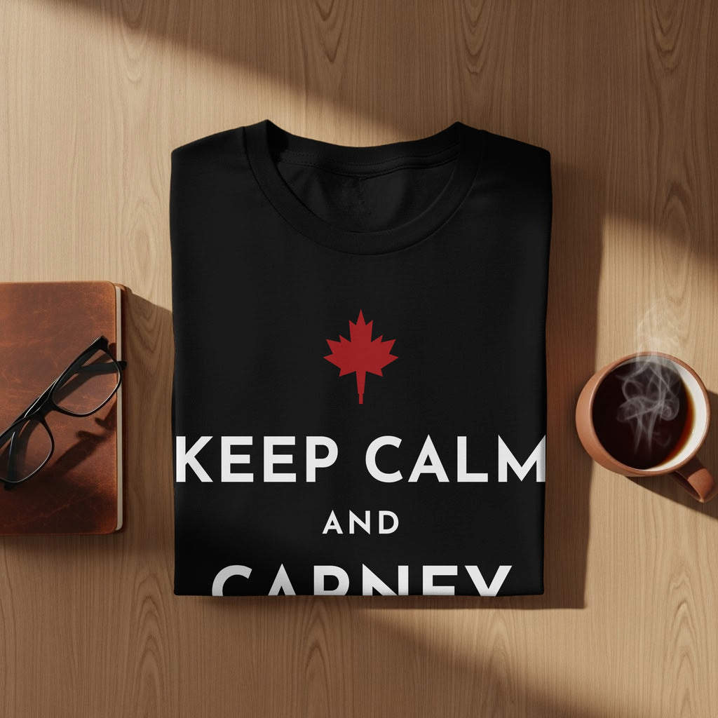 Black t-shirt with red maple leaf and "Keep Calm and Carney" text.