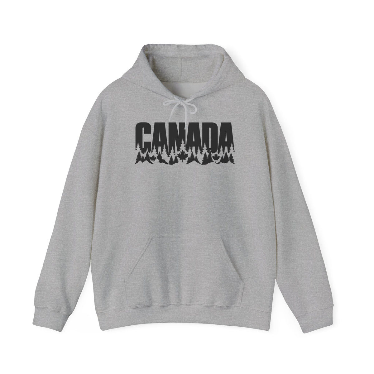 Grey hoodie with "CANADA" text and a forest and maple leaf design.