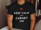 Black t-shirt with red maple leaf and text "KEEP CALM AND CARNEY ON".