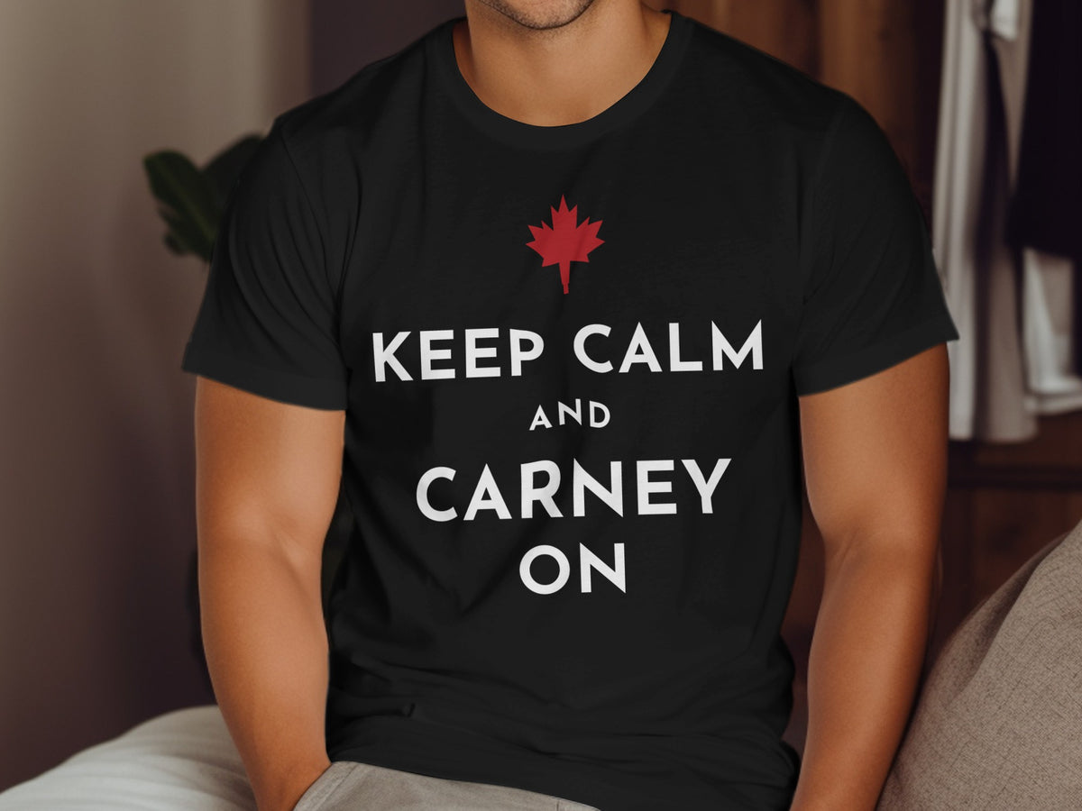 Black t-shirt with red maple leaf and text "KEEP CALM AND CARNEY ON".