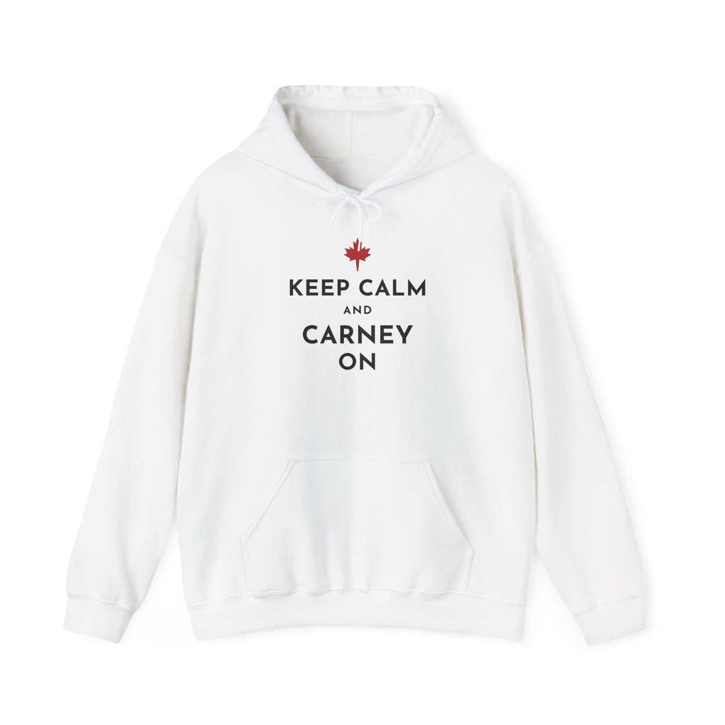 White hoodie with text "KEEP CALM AND CARNEY ON" and a Canadian maple leaf.