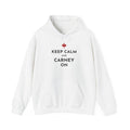 White hoodie with text "KEEP CALM AND CARNEY ON" and a Canadian maple leaf.