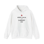 White hoodie with text "KEEP CALM AND CARNEY ON" and a Canadian maple leaf.